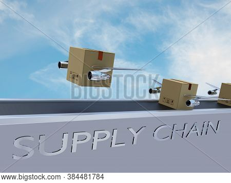 3d Illustration Of Supply Chain Text Under A Conveyor Belt Loaded With Cargo Boxes With Symbolic Win