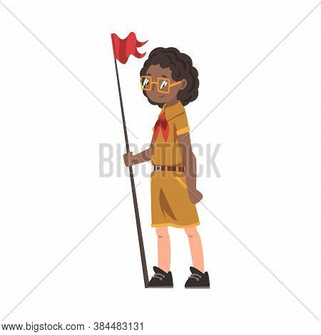 Scout Boy Standing With Red Flag, Scouting Kid Character Wearing Uniform And Neckerchief, Summer Cam