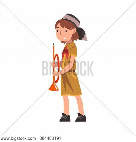 Smiling Scout Girl With Trumpet, Scouting Kid Character Wearing Uniform, Red Neckerchief And Coonski