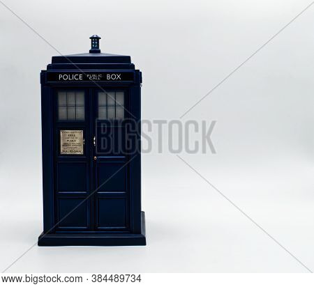 Police Call Box With Board To Write. Tardis From Doctor Who.