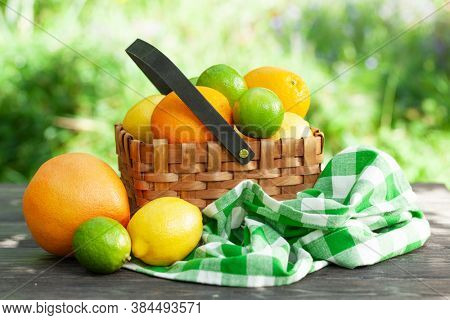 Variuos citrus fruits in basket on garden table. Oranges, lemons, limes and grapefruit