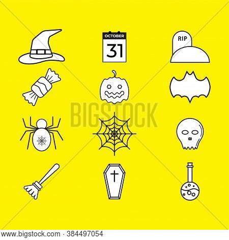 Halloween icon pack isolated on yellow color background. Uncolored vector collection. Black and white illustration design.