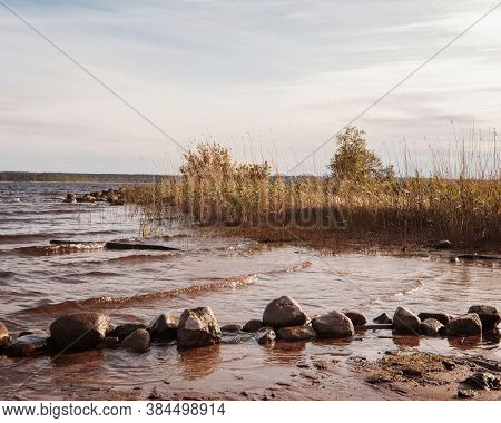 Huge Stones On The River Bank. Vuoksa River Near Imatra In The Leningrad Region, Russia. Coastline W