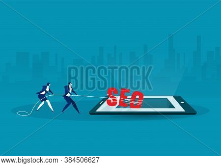Two Businessmen Pulling Rope Tied To A Big Seo Word On Tablet Reserch Concept .