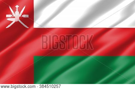 Silk Wavy Flag Of Oman Graphic. Wavy Omani Flag Illustration. Rippled Oman Country Flag Is A Symbol 