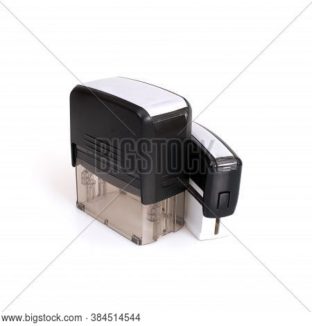 Black Plastic Automatic Stamps For Documents Isolated On White Background