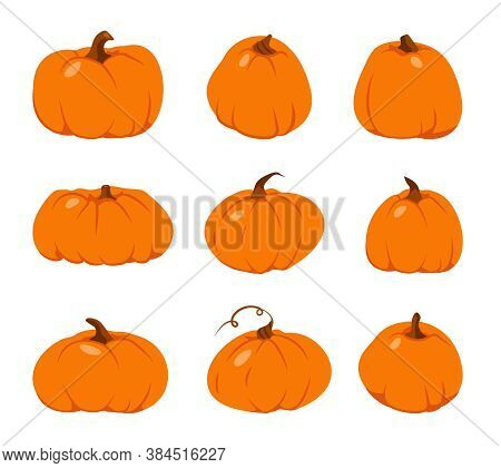 Autumn Pumpkin Flat Icon Set. Cartoon Different Shape Orange Gourd. Symbol Thanksgiving And Hallowee