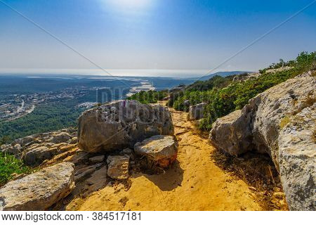 View Of Western Galilee Landscape, With A Footpath And The Mediterranean Sea, In Adamit Park, Northe