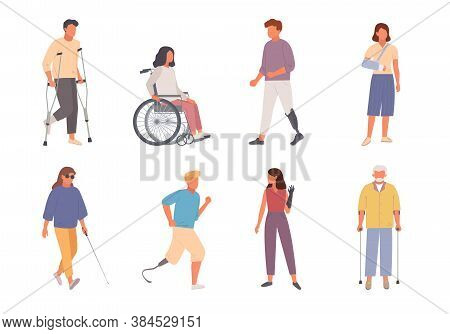People With Disabilities Set. Man On Crutches With Injured Leg Girl Modern Wheelchair Male Character
