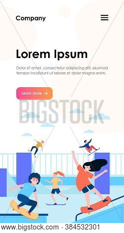 Fun Extreme Skateboard Park Flat Vector Illustration. Cartoon Teenagers Jumping And Doing Tricks Wit