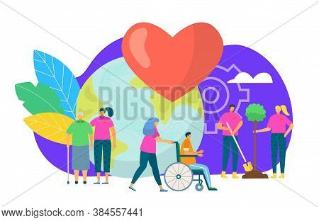 Volunteers Group Concept, Vector Illustration. Volunteering, Charity, People And Ecology. Group Of V