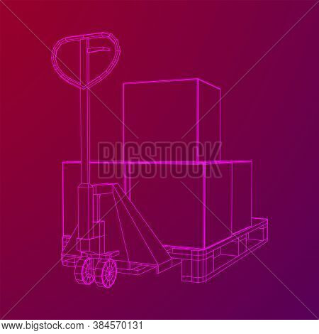 Hand Pallet Jack Lift With Pallet And Stacked Goods Cardboard Boxes. Manual Forklift. Logistics Ship