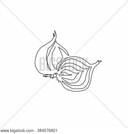 One Single Line Drawing Whole And Sliced Healthy Organic Bulb Onion For Farm Logo Identity. Fresh Co