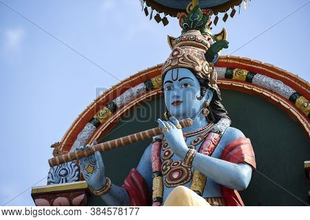 Detail Stone Statue In Sri Krishnan Temple On South Indian Hindu Temple In Singapore On Blue Sky Bac
