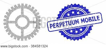 Perpetuum Mobile Grunge Seal Print And Vector Recursive Mosaic Clock Cog. Blue Seal Has Perpetuum Mo