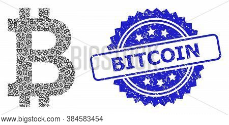 Bitcoin Rubber Stamp And Vector Recursive Mosaic Bitcoin. Blue Stamp Contains Bitcoin Text Inside Ro
