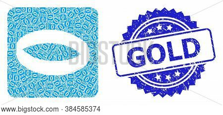 Gold Rubber Stamp Seal And Vector Recursion Collage Gold Ring. Blue Stamp Seal Has Gold Caption Insi