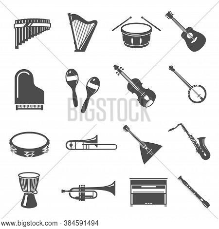 Musical Instruments Bold Black Silhouette Icons Set Isolated On White. Harp, Drum, Flute, Piano.