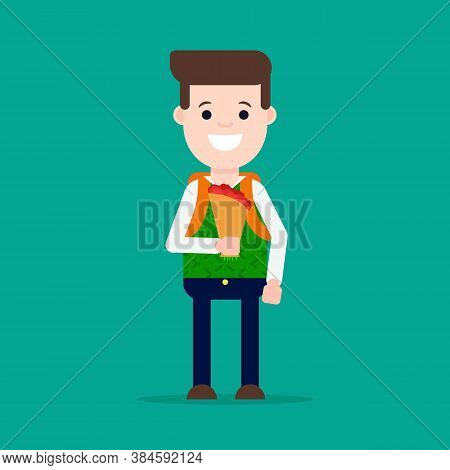 Flat Vector Illustration: Student With Flowers. Schoolboy Back To School.