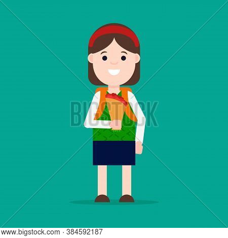 Flat Vector Illustration: Schoolgirl With A Bouquet Of Flowers. Schoolgirl Back To School.