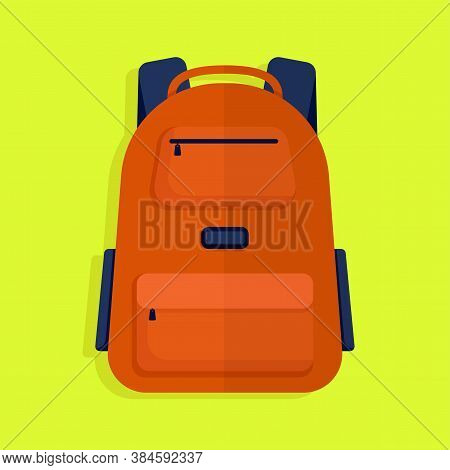 Flat Vector Illustration: School Backpack. Orange Backpack On A Yellow Background.