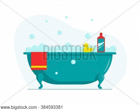 Flat Vector Illustration: Foam Bath With A Duck And A Towel.