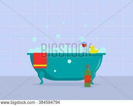 Flat Vector Illustration: Foam Bath And Wine.