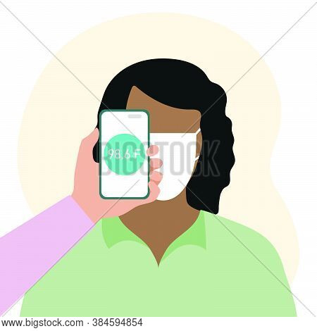 Vector Illustration Phone Placed On Forehead Of Person Remotely Measures Temperature. New Technology