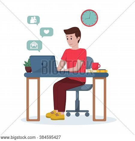 Vector Illustration: Office Concept, Man Working From Home, Student Or Freelancer. Man Checks The So