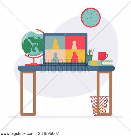 Flat Vector Illustration: Workplace For Online Training And Video Conferencing. Illustration For A W