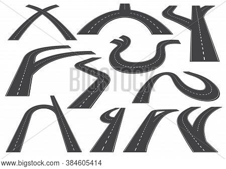 Bending Roads, High Ways Or Roadways. Collection Of Winding Road Design Elements With White Markings