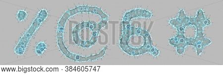 Alphabet made of virus isolated on gray background. Symbols persent, at, ampersand and hash. 3d rendering. Covid font 3d