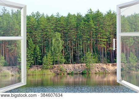 Opened Window In Room With Panoramic View To Forest Lake. Landscape With Lake In Forest. Panoramic V