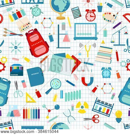 Seamless School Pattern On A White Background. Vector Stock Illustration. Flat Style