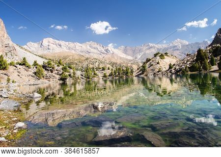 Fann Mountains. Tajikistan. Beautiful View On Alaudin Lake. Summer Sunny Day.