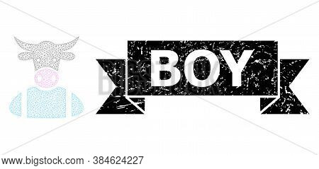 Boy Textured Stamp Seal And Vector Cow Boy Mesh Structure. Black Stamp Seal Contains Boy Text Inside
