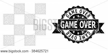 Game Over Dirty Seal Print And Vector Chess Cells Mesh Structure. Black Stamp Seal Has Game Over Cap