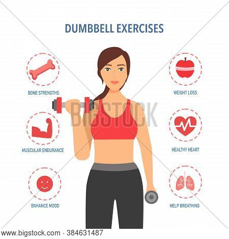 Beautiful Healthy Fitness Woman Doing Exercise With Dumbbells. Benefits Of Dumbbells Exercise Or Wei