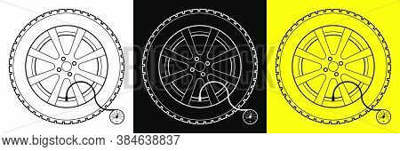 Wheel With Monometer. Checking Tire Pressure. Car Maintenance In Service Center. Driving Safety. Vec