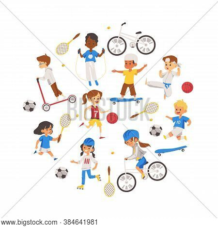 Children Playing Various Sports Set Of Vector Isolated Icons.