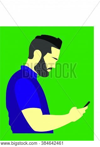 Bearded Man Looks At Cell Phone Vectorized