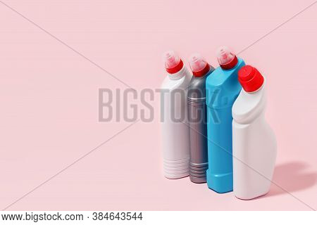 Cleaning Product Plastic Container For House Clean On Pink Pastel Background, Antibacterial Antiviru