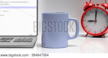 Coffee Mug Blue Color, Office Desk Background. Hot Beverage Cup Mockup Template. 3D Illustration