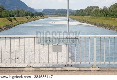 Ruggel, Liechtenstein On July 14, 2020: Bridge At The Crossing Of The Rhine, Border Between Liechten
