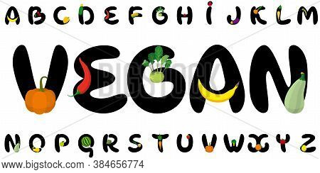 Cartoon Letters With Fruits, Vegetables, Berries. Font Of My Own Design