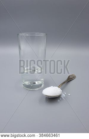 Transparent Glass Glass With Water And White Sorbent Powder For Treatment, Ingestion For Poisoning, 