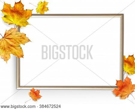 Photo Frame On White Background With Autumn Leaves, Mock Up