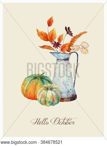 Watercolor Fall Floral Bouquet In Vintage Rusty Pitcher, Orange Pumpkins. Thanksgiving Decor, Autumn