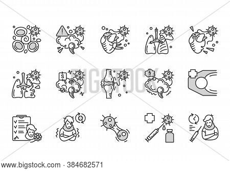 Corona Virus Effects Icon Set. Covid Long Term System Health Damage Linear Pictograms. Heart, Lung, 