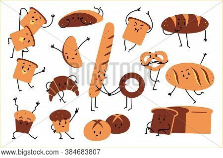Bread Doolde Set. Hand Drawn Doodle Vegetarian Food Mascots Happy Fruits Emotions Bread Toast Croiss